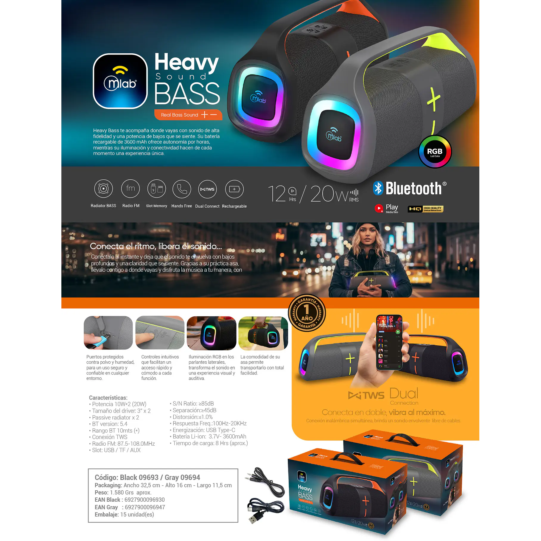 Parlante Portatil Heavy Sound BASS 120w Conexion TWS Alta Potencia. 8