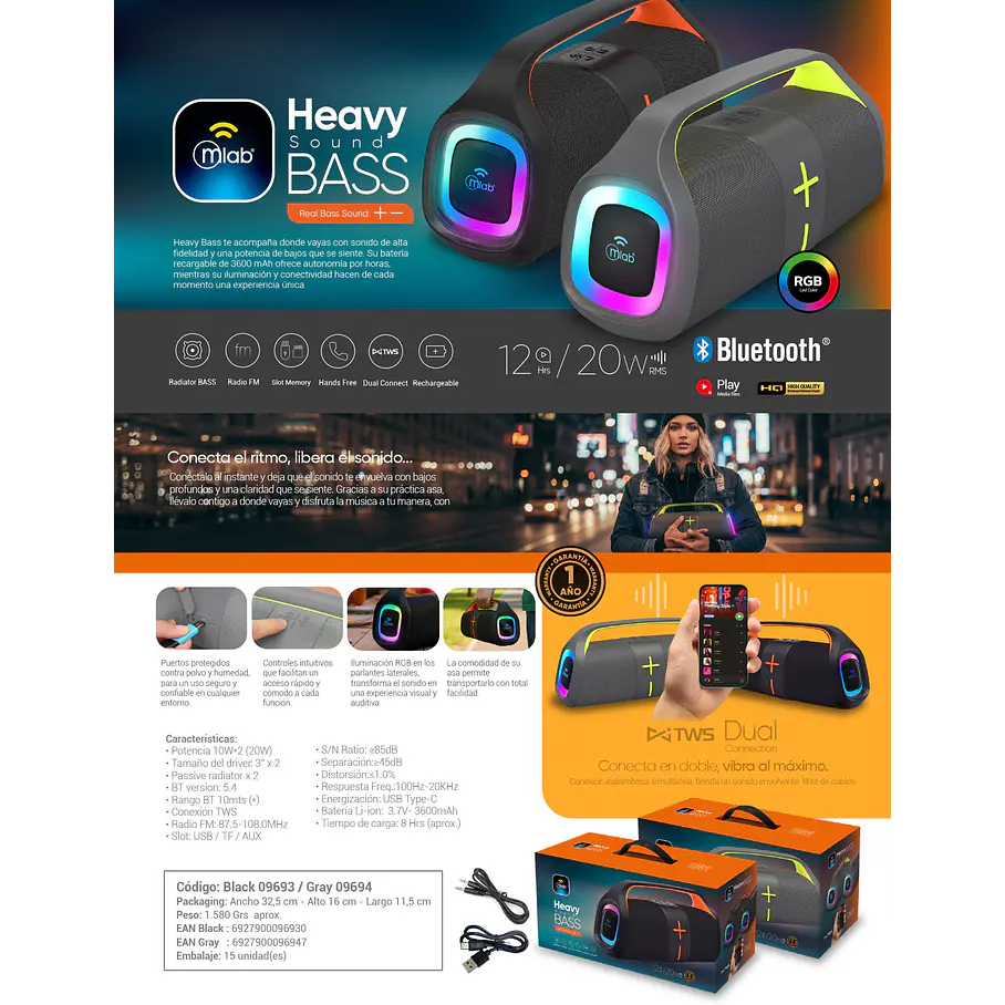 Parlante Portatil Heavy Sound BASS 120w Conexion TWS Alta Potencia. 8