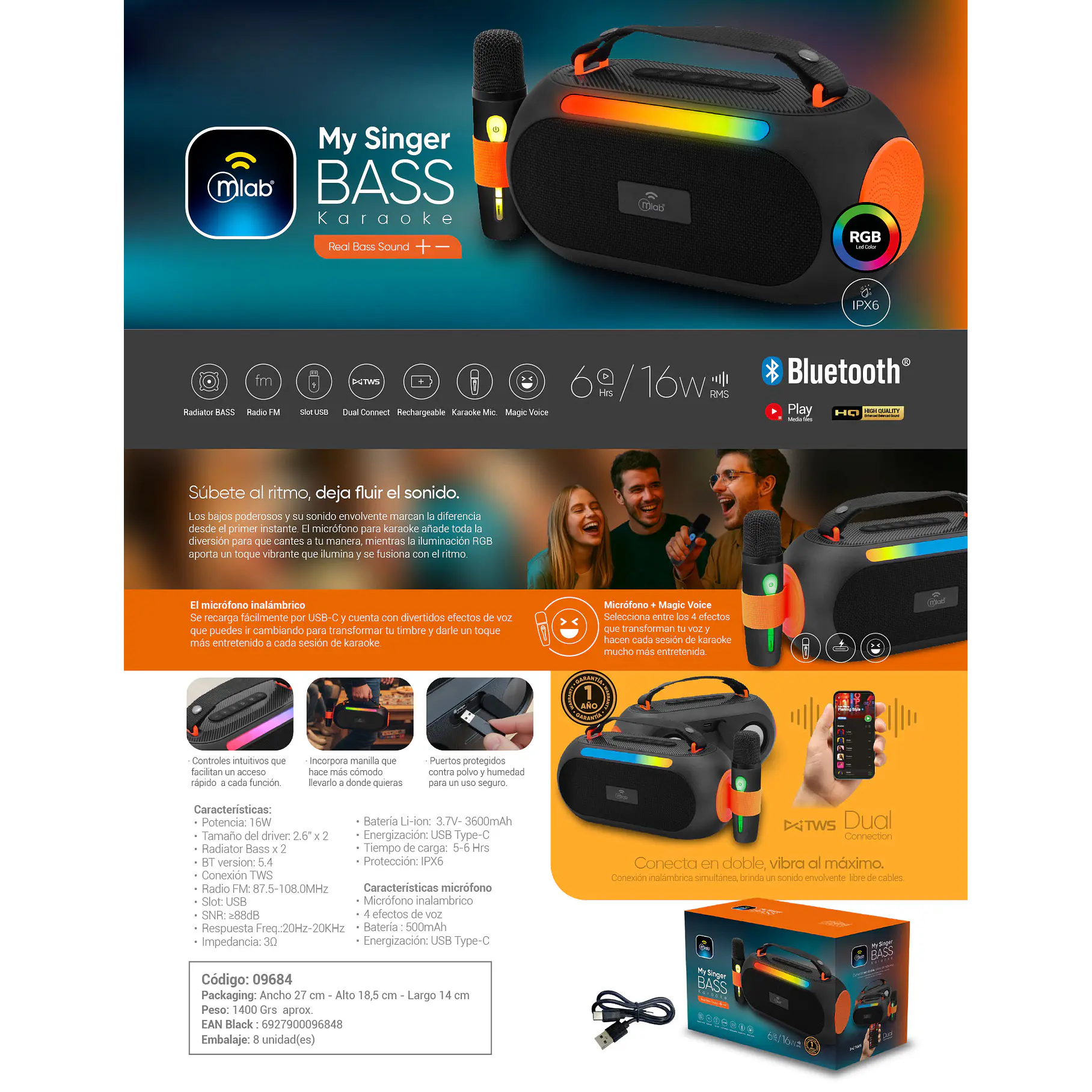 Parlante Portatil My Singer BASS Karaoke 9684 Con Microfono Efectos Voz Bluetooth Conexion TWS  6