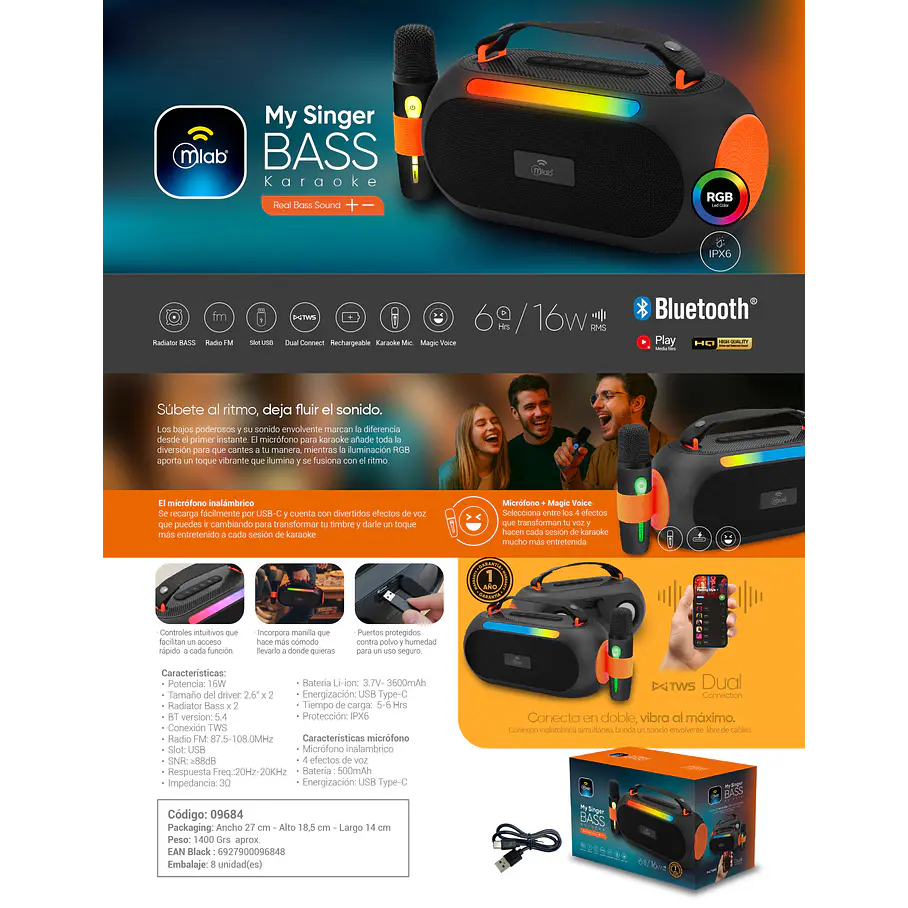 Parlante Portatil My Singer BASS Karaoke 9684 Con Microfono Efectos Voz Bluetooth Conexion TWS  6