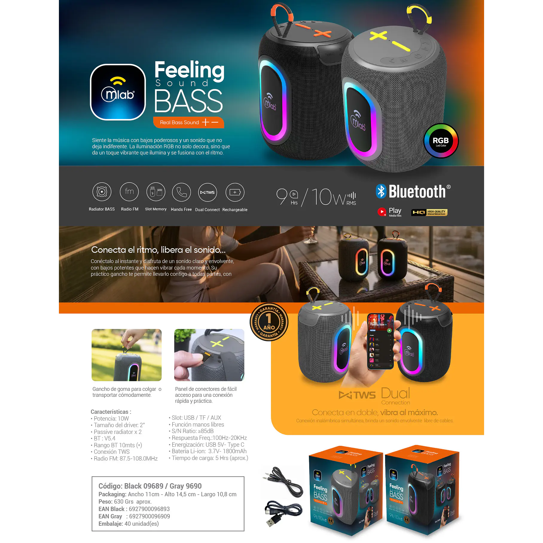 Parlante Portatil Mini Feeling Sound BASS – Black / Gray Conexion TWS. 10