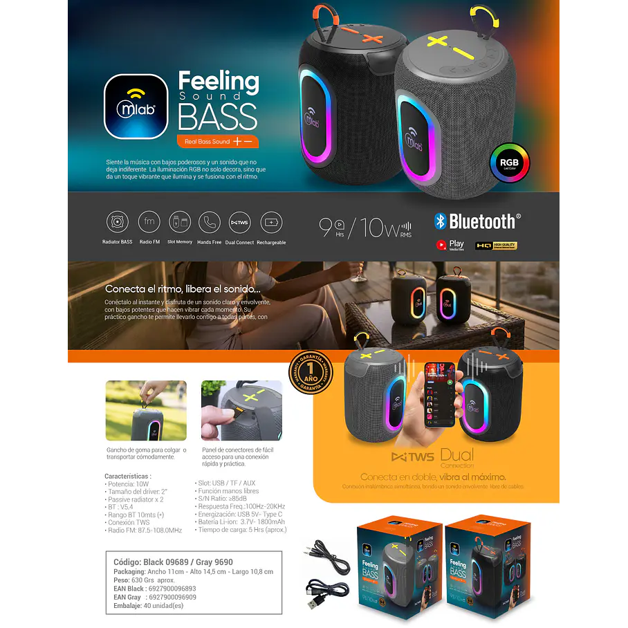 Parlante Portatil Mini Feeling Sound BASS – Black / Gray Conexion TWS. 10