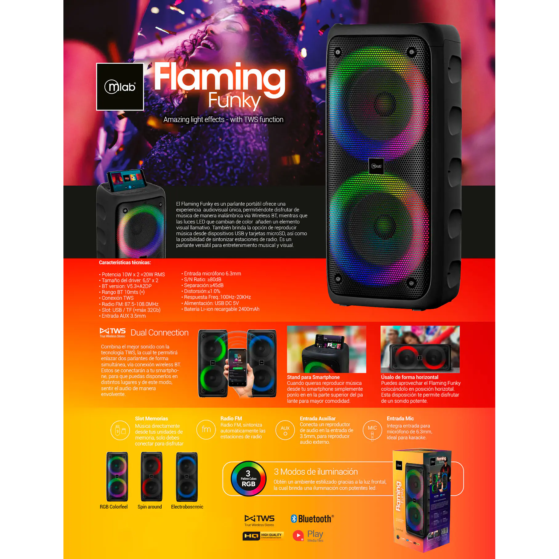 Parlante Tws Flaming Funky Mlab - 9308 Color Negro Dance Colorfeel Conexion TWS Parlante  8