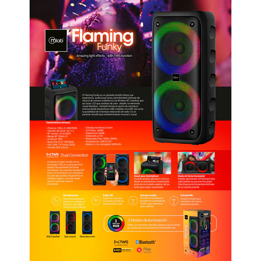 Parlante Tws Flaming Funky Mlab - 9308 Color Negro Dance Colorfeel Conexion TWS Parlante  8