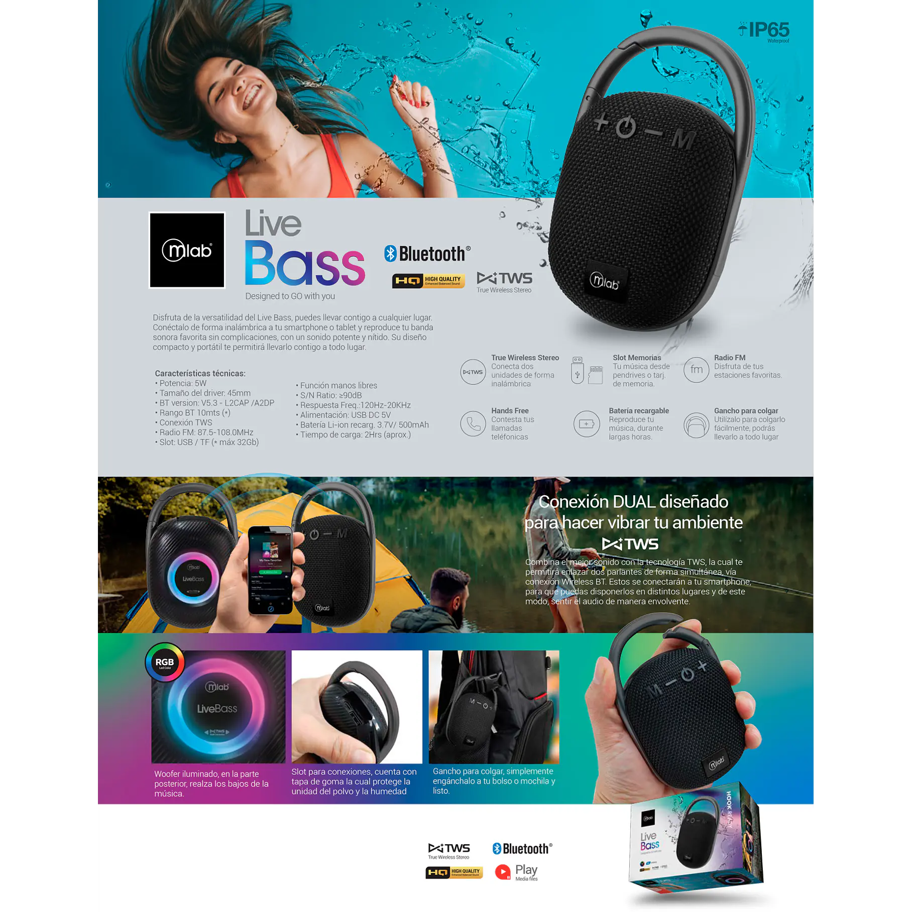 Parlante Portatil Tws Live Bass Mlab 09298 Color Negro Con Gancho 7