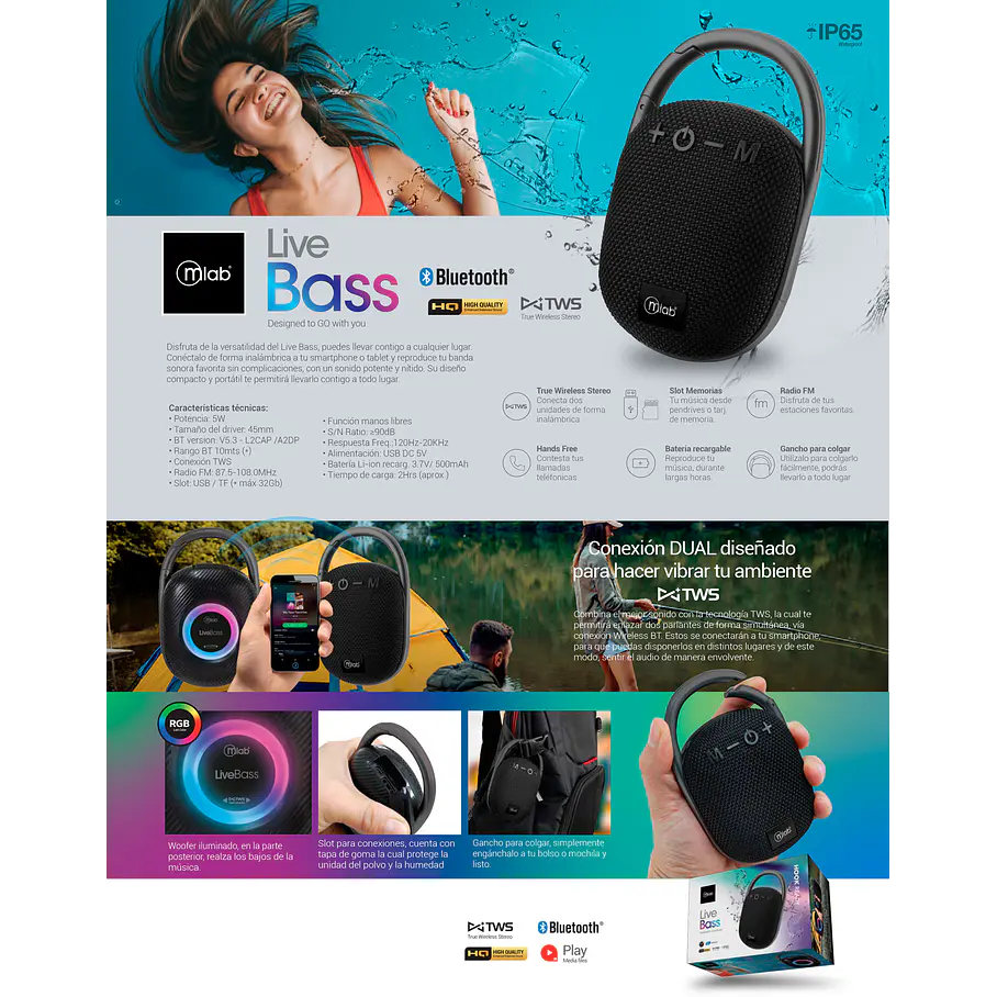 Parlante Portatil Tws Live Bass Mlab 09298 Color Negro Con Gancho 7