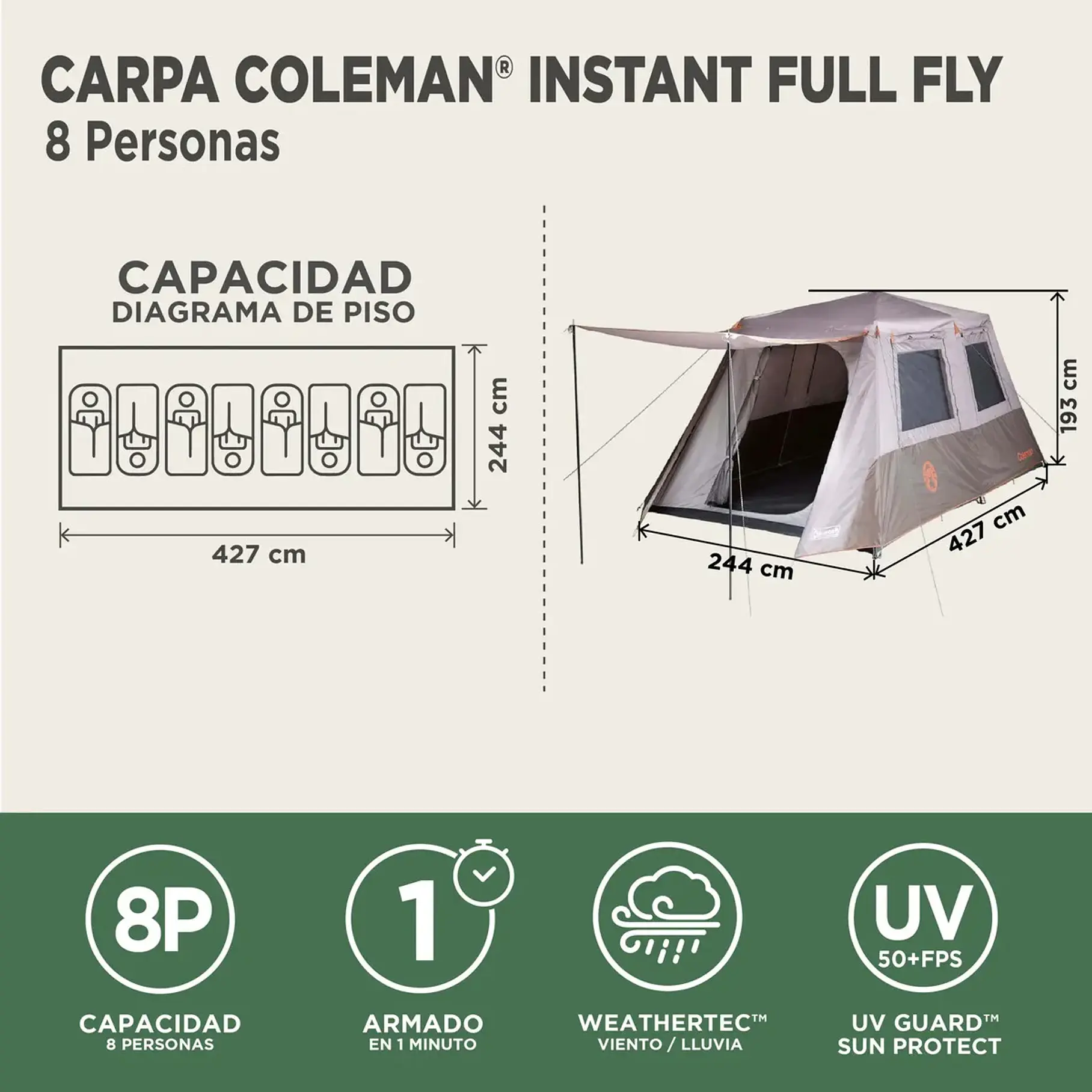Carpa Instant Up Full Fly 8 Personas Coleman® / 8p Camping Bosque Campamento Aventura 9