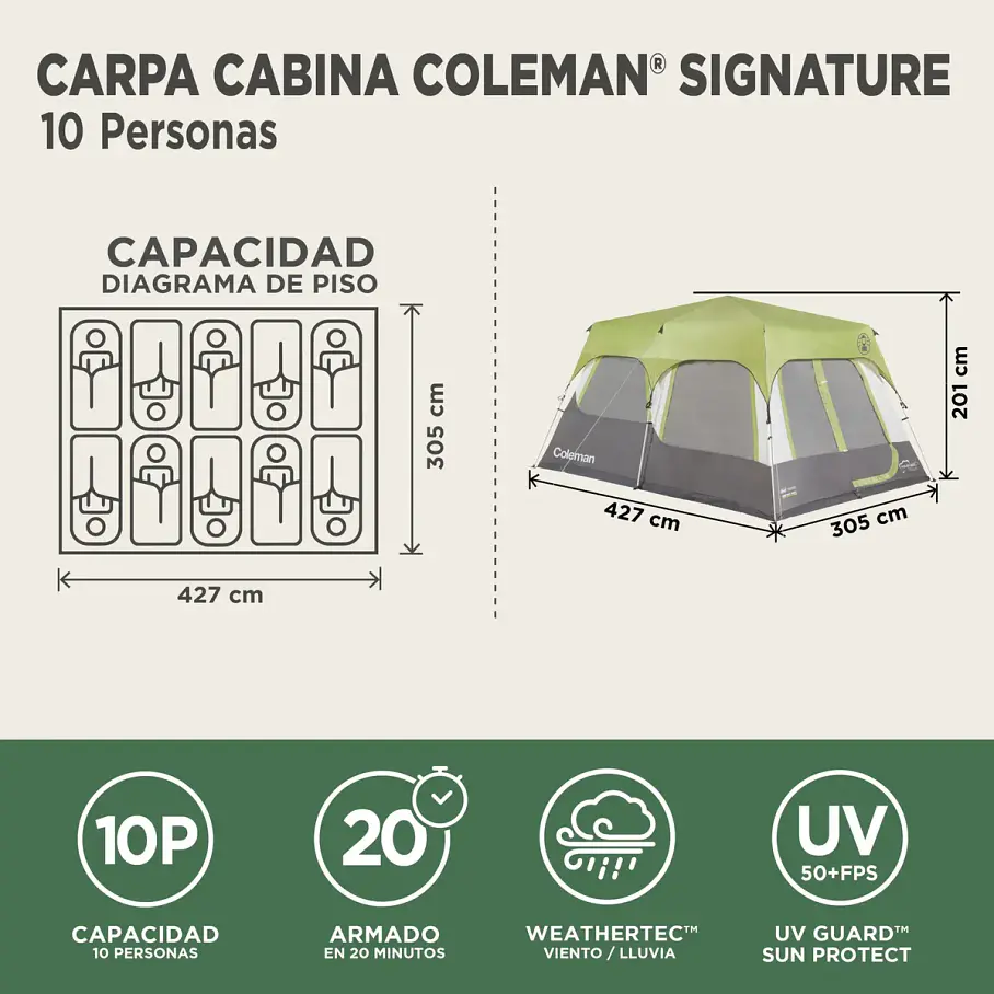 Carpa Cabina Coleman® Instant Para 10 Personas Verde Camping Aventura Alta Calidad 9