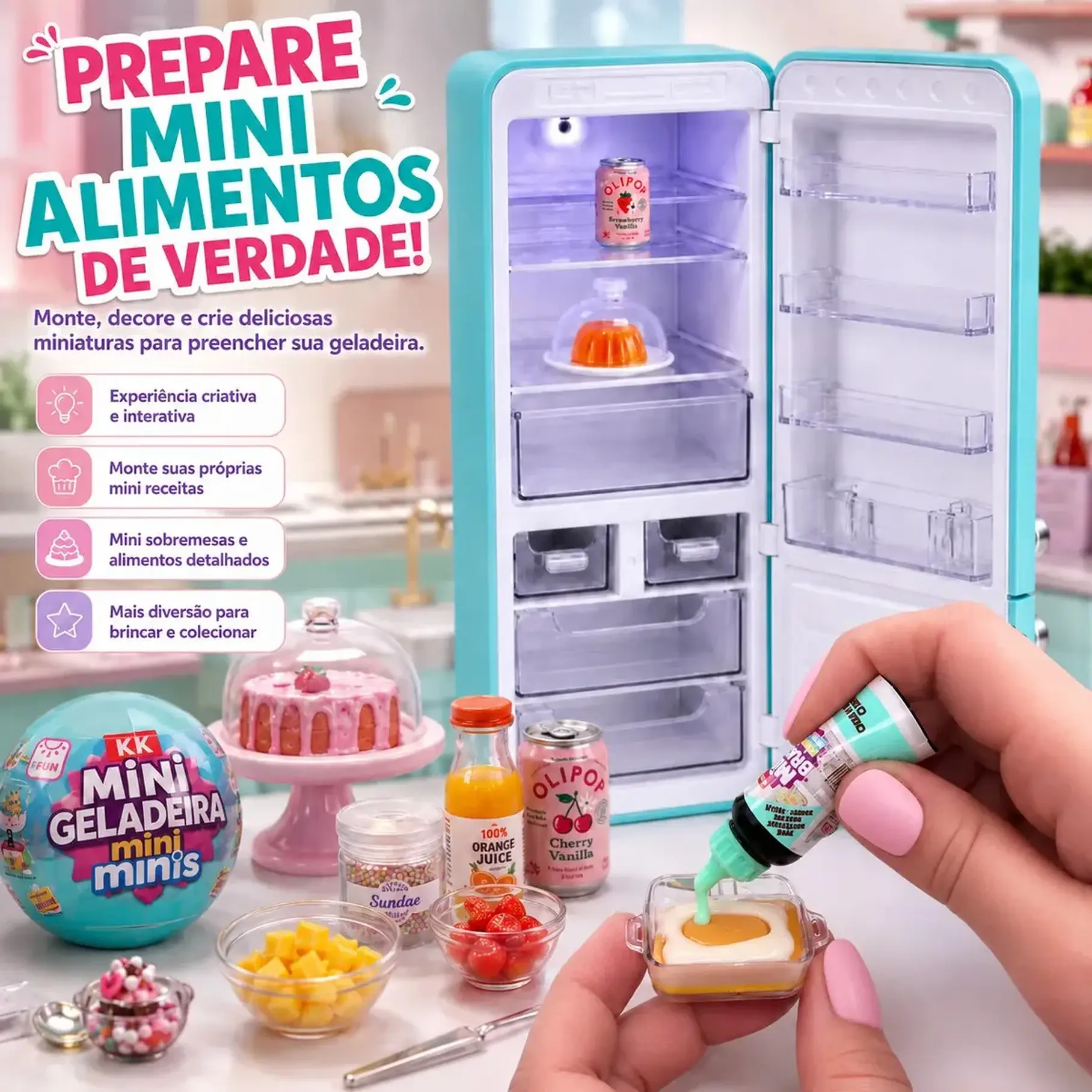Mini Refrigerador Mini Geladeira Mini Minis + 2 Capsulas Sorpresas Mini Alimentos Juguete Realista Heladera Nevera Cooler 60 Piezas Coleccionables. 9