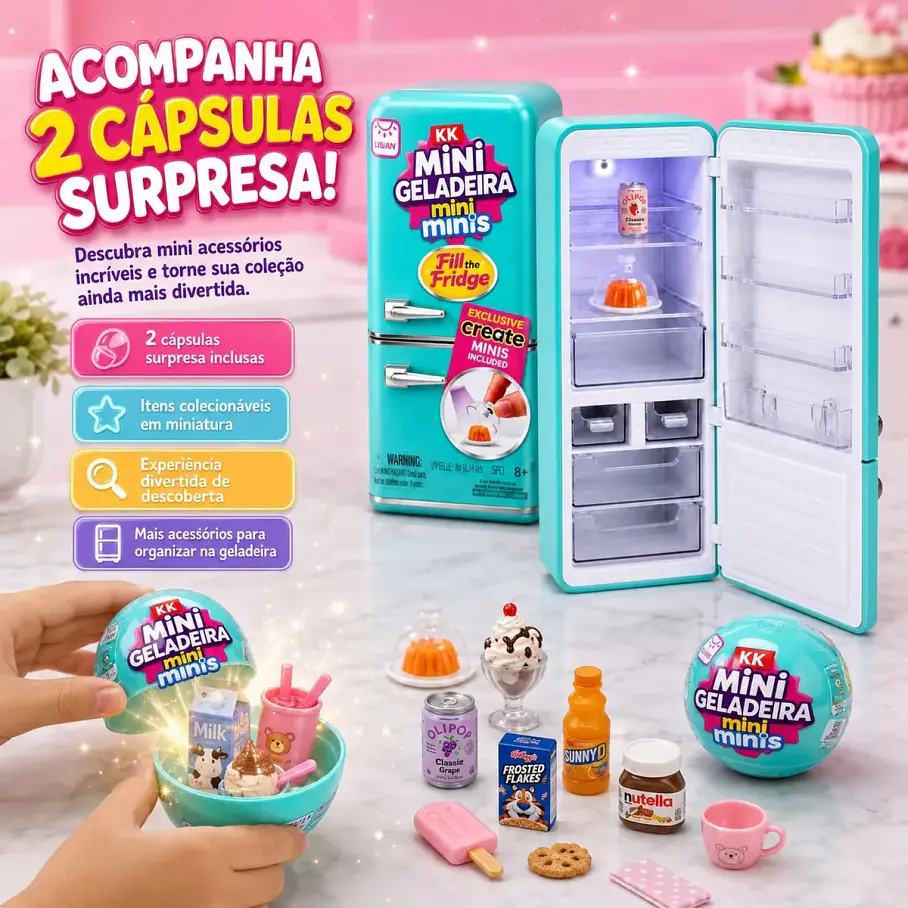 Mini Refrigerador Mini Geladeira Mini Minis + 2 Capsulas Sorpresas Mini Alimentos Juguete Realista Heladera Nevera Cooler 60 Piezas Coleccionables. 12