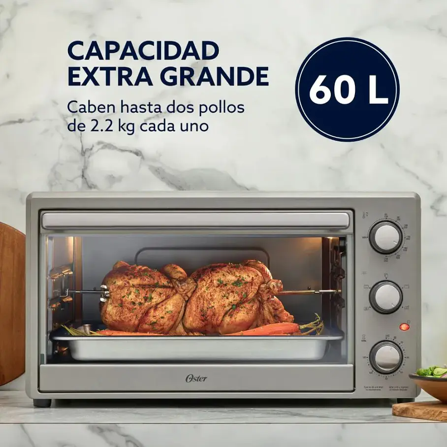 Horno XL Extra Grande Rotisserie Oster 60 Lts Manual Gris TSSTTV60MNS Tamaño 2 Pollos. 3