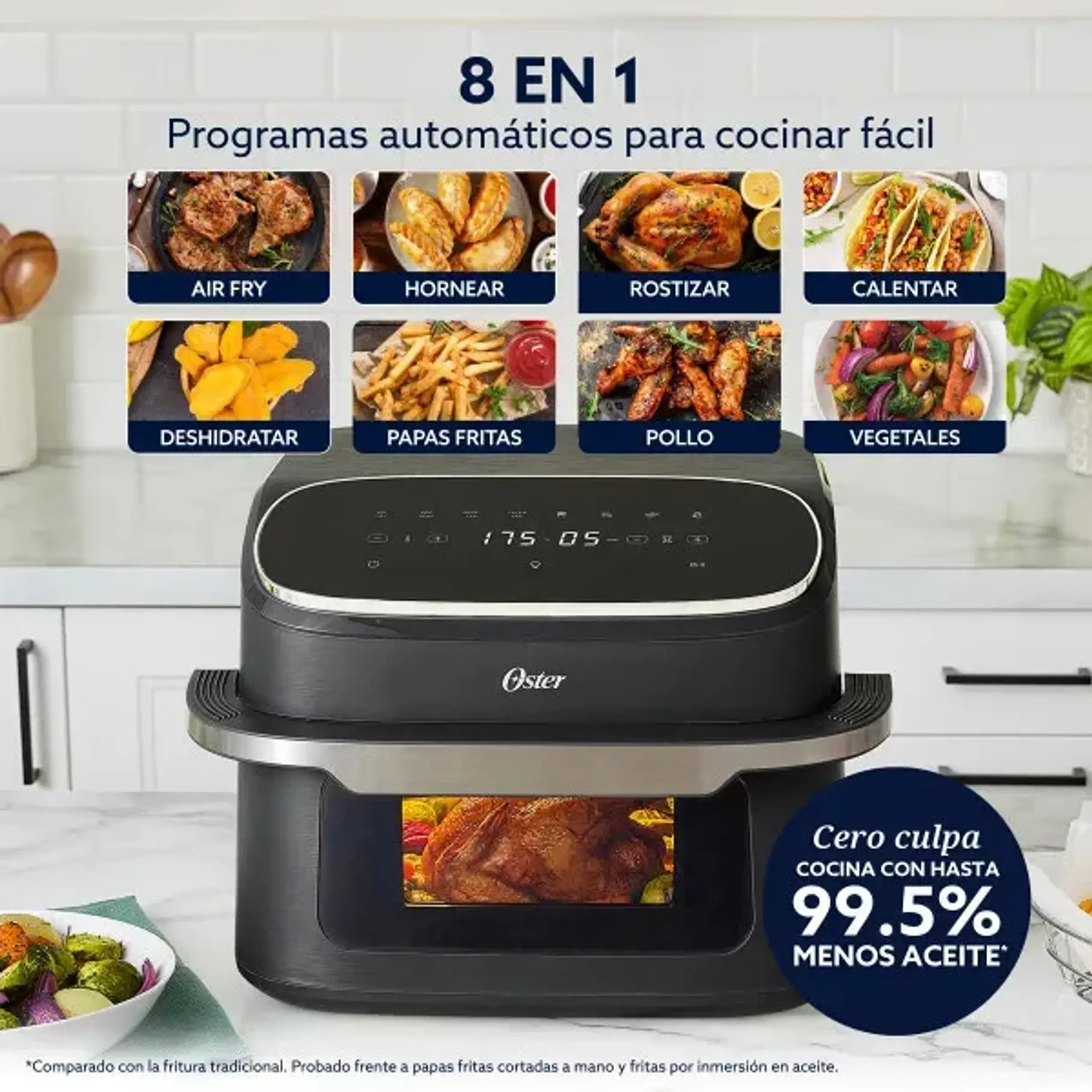 Freidora De Aire Oster Digital 10 L Con Ventana Negro Grande XL Pollo 7