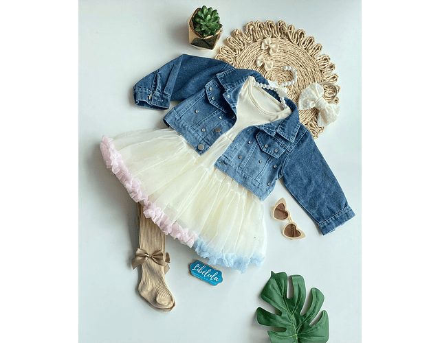Conjunto vestido + chaqueta mezclilla crema y rosado