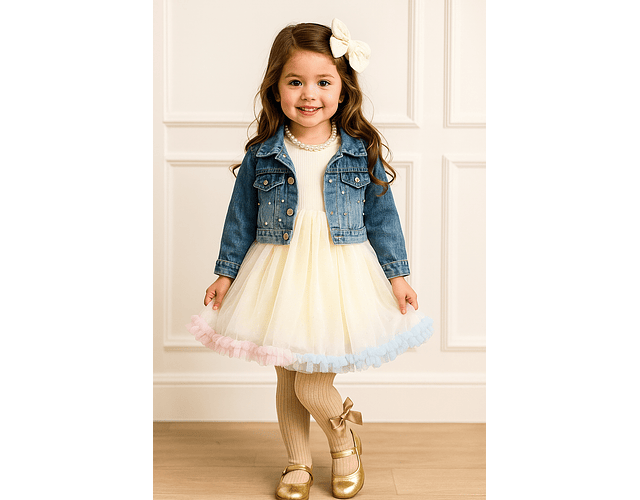 Conjunto vestido + chaqueta mezclilla crema y rosado