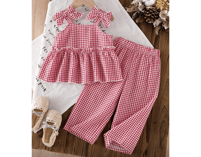 Conjunto lino cuadrille rojo 