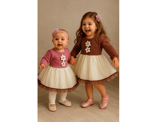 Vestido tull tejido café y rosado 