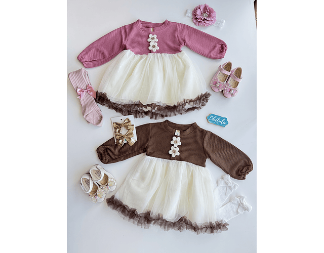 Vestido tull tejido café y rosado 