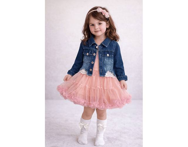 Conjunto vestido rosa + chaqueta mezclilla 
