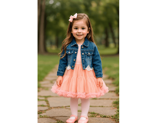 Conjunto vestido rosa + chaqueta mezclilla 