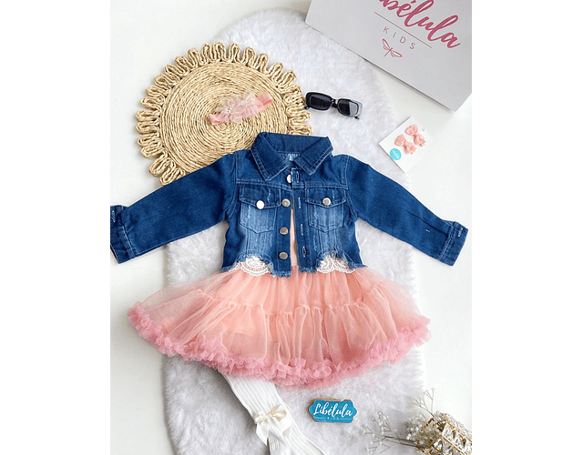 Conjunto vestido rosa + chaqueta mezclilla 