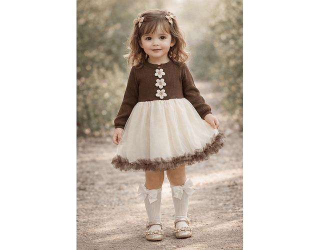 Vestido tull tejido café y rosado 