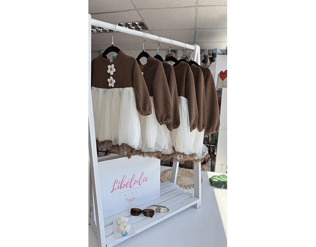 Vestido tull tejido café y rosado 