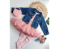 Conjunto vestido rosa + chaqueta mezclilla 