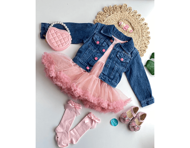 Conjunto vestido rosa + chaqueta mezclilla 