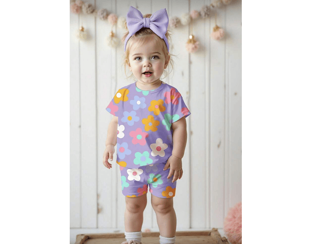 Set algodón pima short + polera flores 