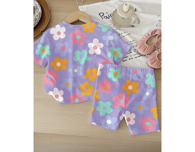 Set algodón pima short + polera flores 