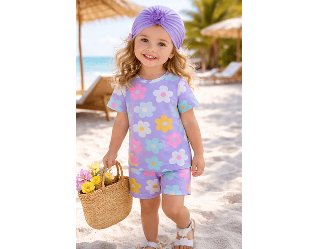 Set algodón pima short + polera flores 