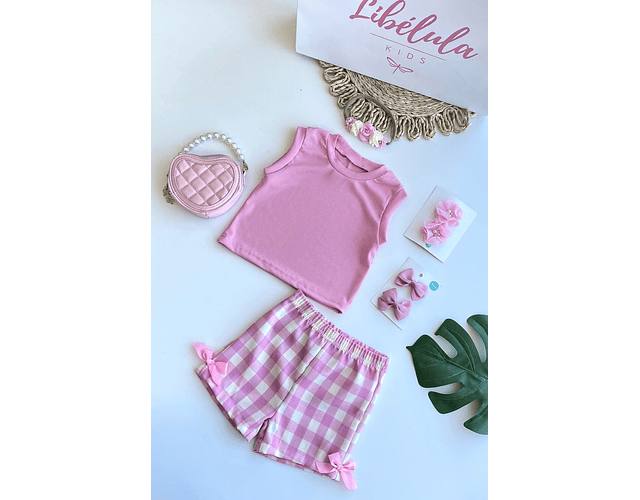 Set short + polera cuadrille algodón 