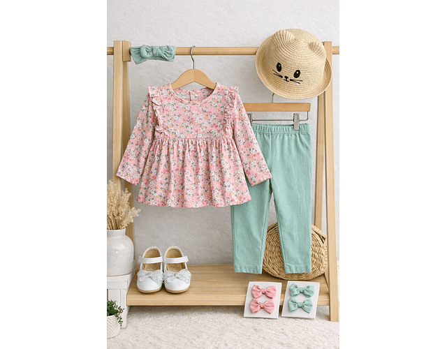 Set algodón 3 piezas menta y flores 