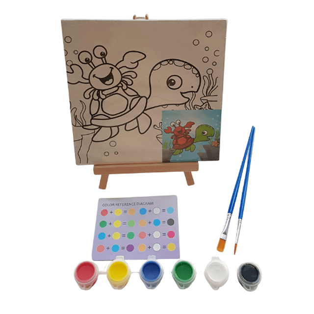 Kit Pintura acrília con atril para niños, diseño de Amigos Tortuguín y cangrejín