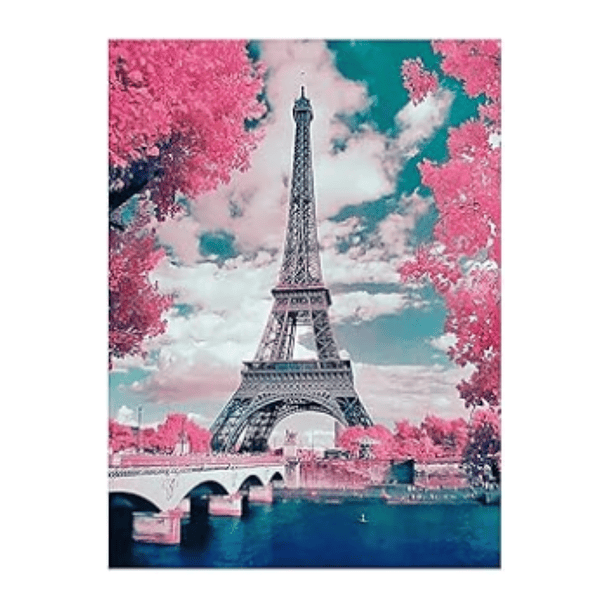 Juego Pintura de Diamantes 5D DIY - Torre Eiffel y Árboles Flores Rosadas 40x50 cm 1
