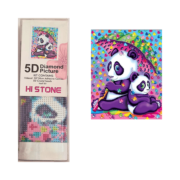 Juego de Pintura de Diamantes 5D DIY - Ositos Panda Lluvia de Corazones 20x30 cm 2