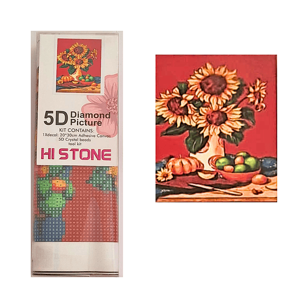 Juego de Pintura de Diamantes 5D DIY - Jarrón de Girasoles y Frutas 20x30 cm