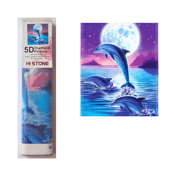 Juego de Pintura de Diamantes 5D DIY - Delfines en la Noche 30x30 cms 2