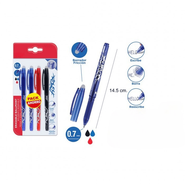 Boligrafo Gel Borrable Set 4 Lapices 0,7mm 4