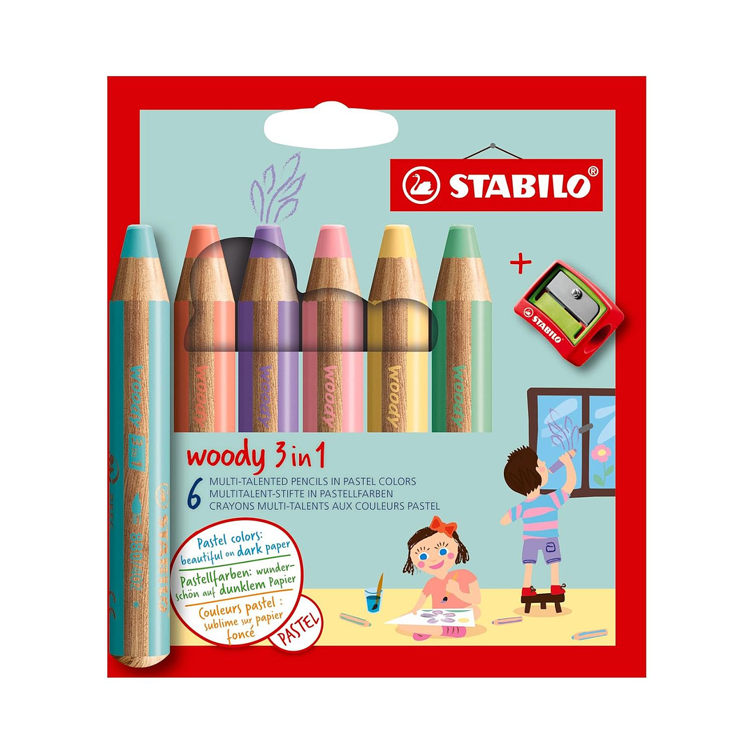 STABILO woody 3 en 1 Set 6 Lápices Color Pastel + sacapunta 1