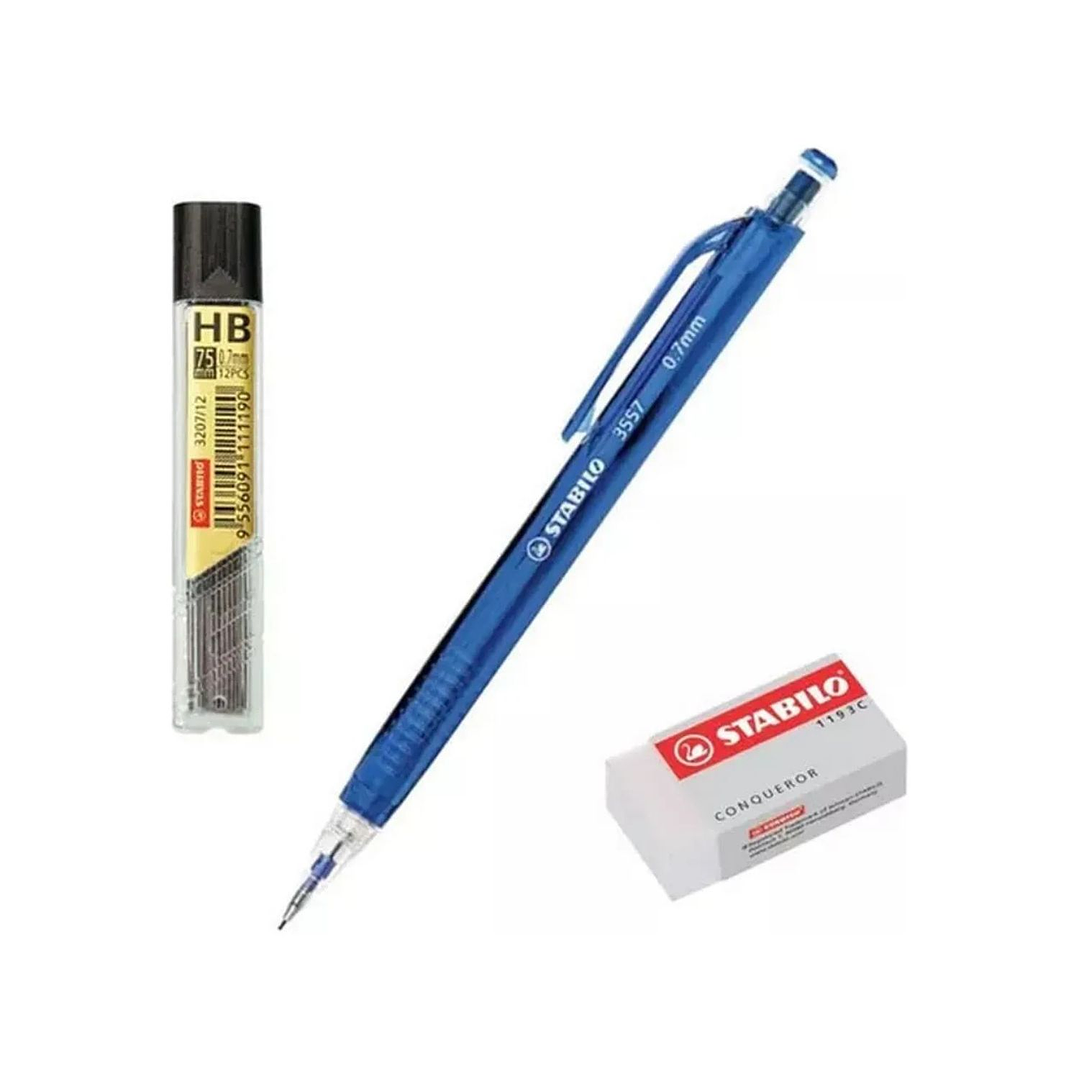 Portaminas Stabilo 0,7mm + Recarga de Minas + Goma de borrar 7