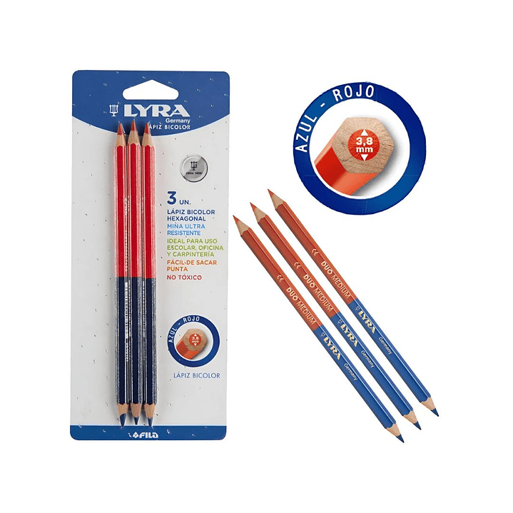 Lápices Bicolor Rojo-Azul Hexagonal Medium Lyra 3u. 3