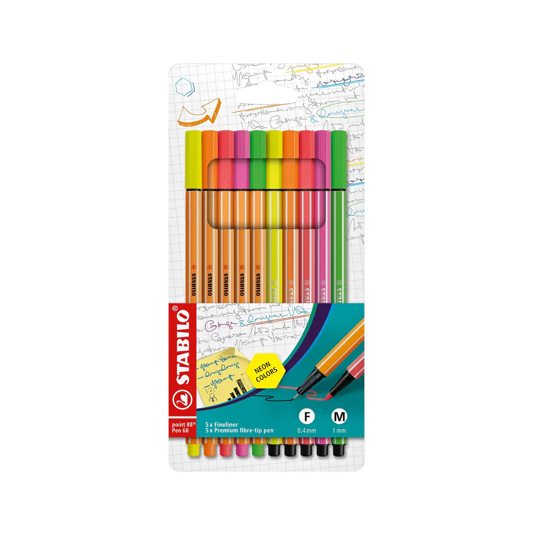 Tiralíneas Stabilo Point 88 + Pen 68 Set 10 colores Neón 1