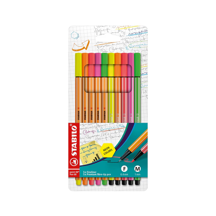 Tiralíneas Stabilo Point 88 + Pen 68 Set 10 colores Neón 1