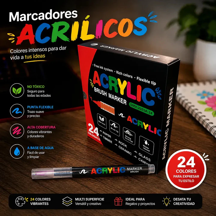 Marcadores Acrílicos Punta Pincel Acrylic 24 Colores 3