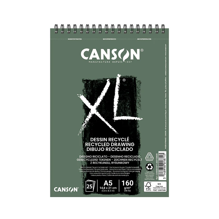 Croquera Canson XL Dibujo Recycled 160gr 25hjs A5 (14,8x21cm) 1