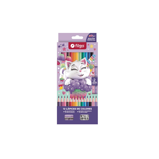Lapices De Colores Filgo Pinto Gatito X12u + Goma + Lapiz 1