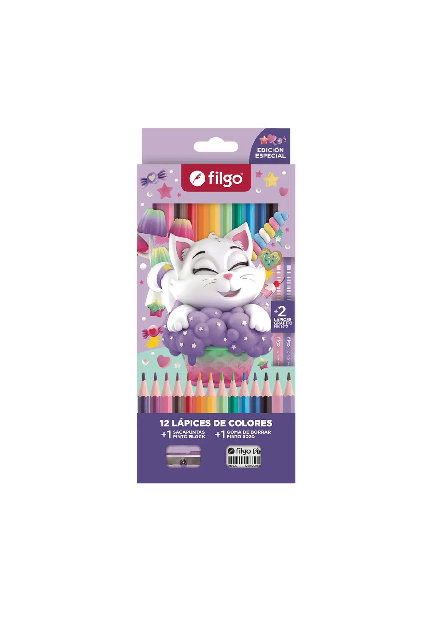 Lapices De Colores Filgo Pinto Gatito X12u + Goma + Lapiz 1