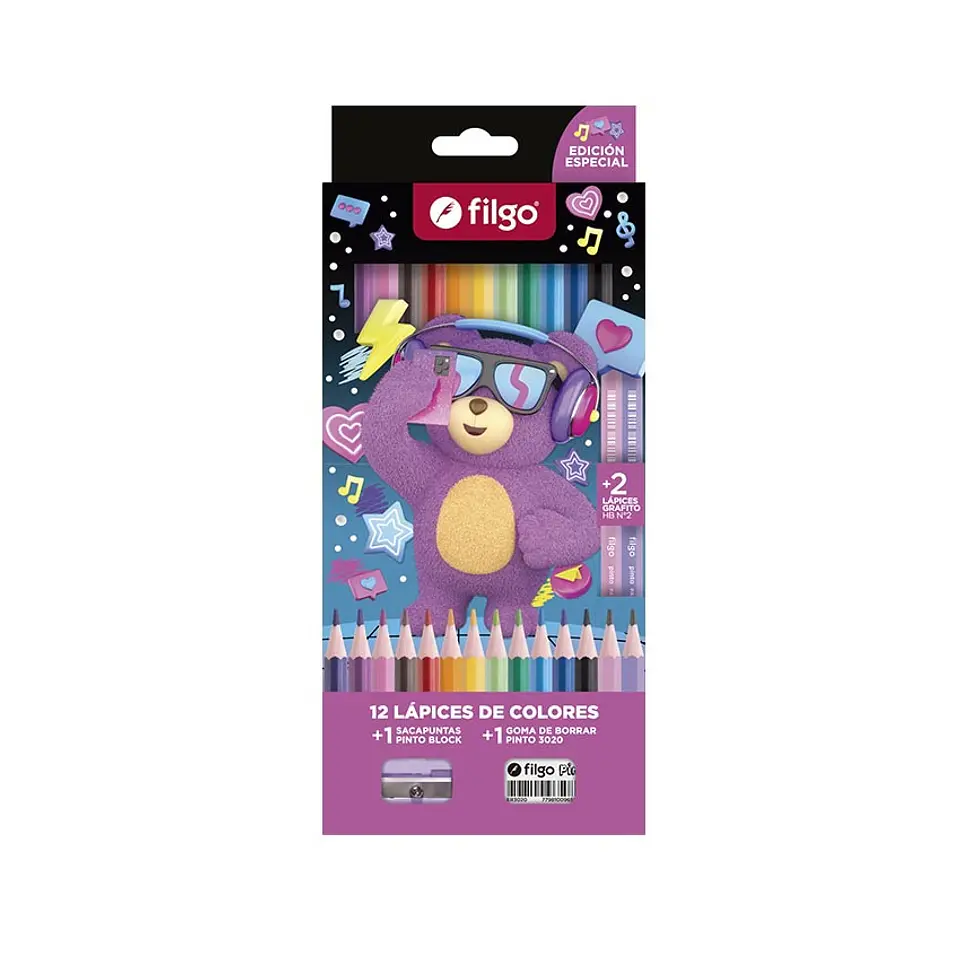 Lapices De Colores Filgo Pinto Osito X12u + Goma + Lapiz 1