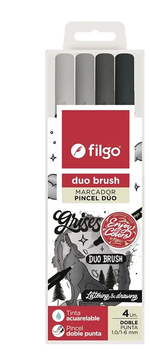 Marcador Filgo Duo Brush Doble Punta X 4 Gris